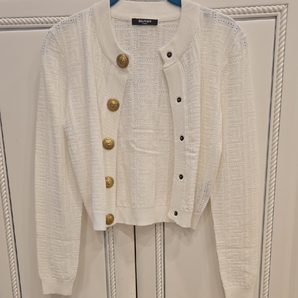 Balmain Ivory Knit Cardigan with Gold Buttons